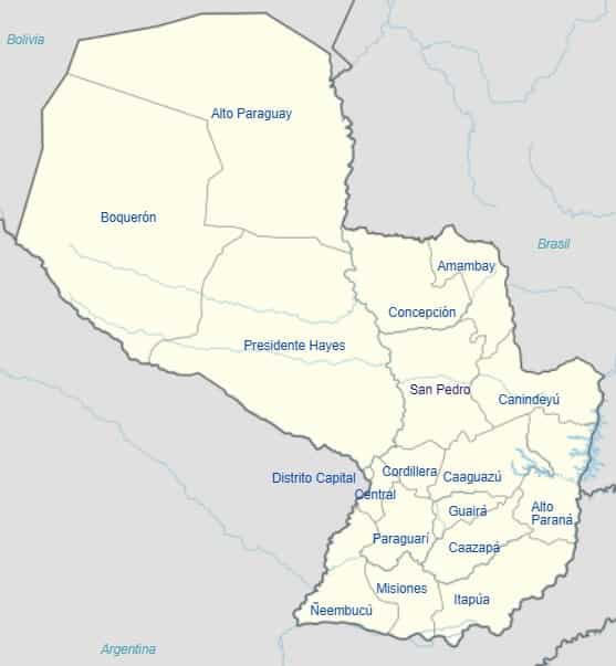 mapa de la república del paraguay con todos sus departamentos