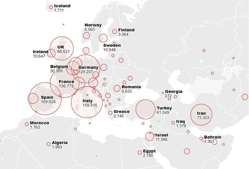 Mapa del coronavirus interactivo Covid-19 en Europa, Medio Oriente y África del Norte
