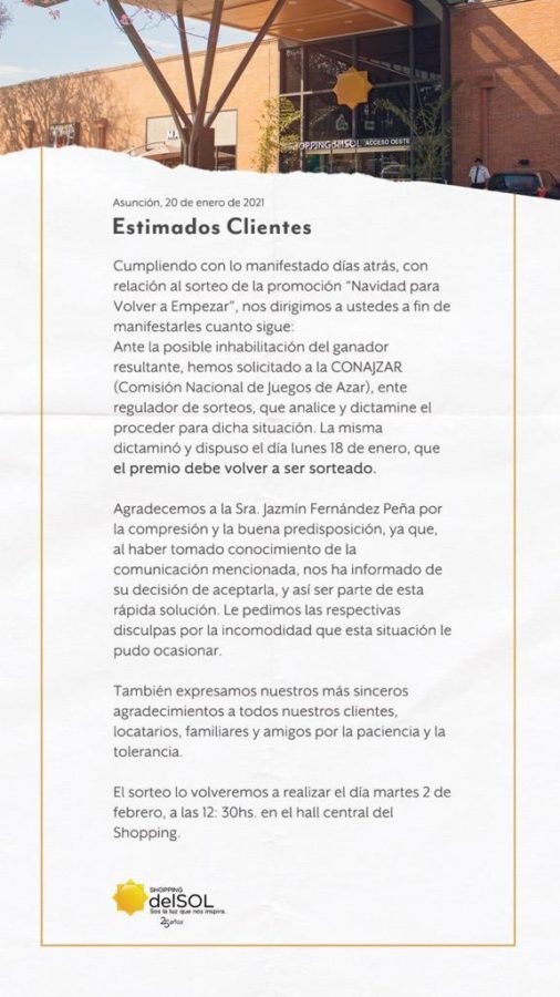 Shopping del Sol retira premio a esposa de Trovato